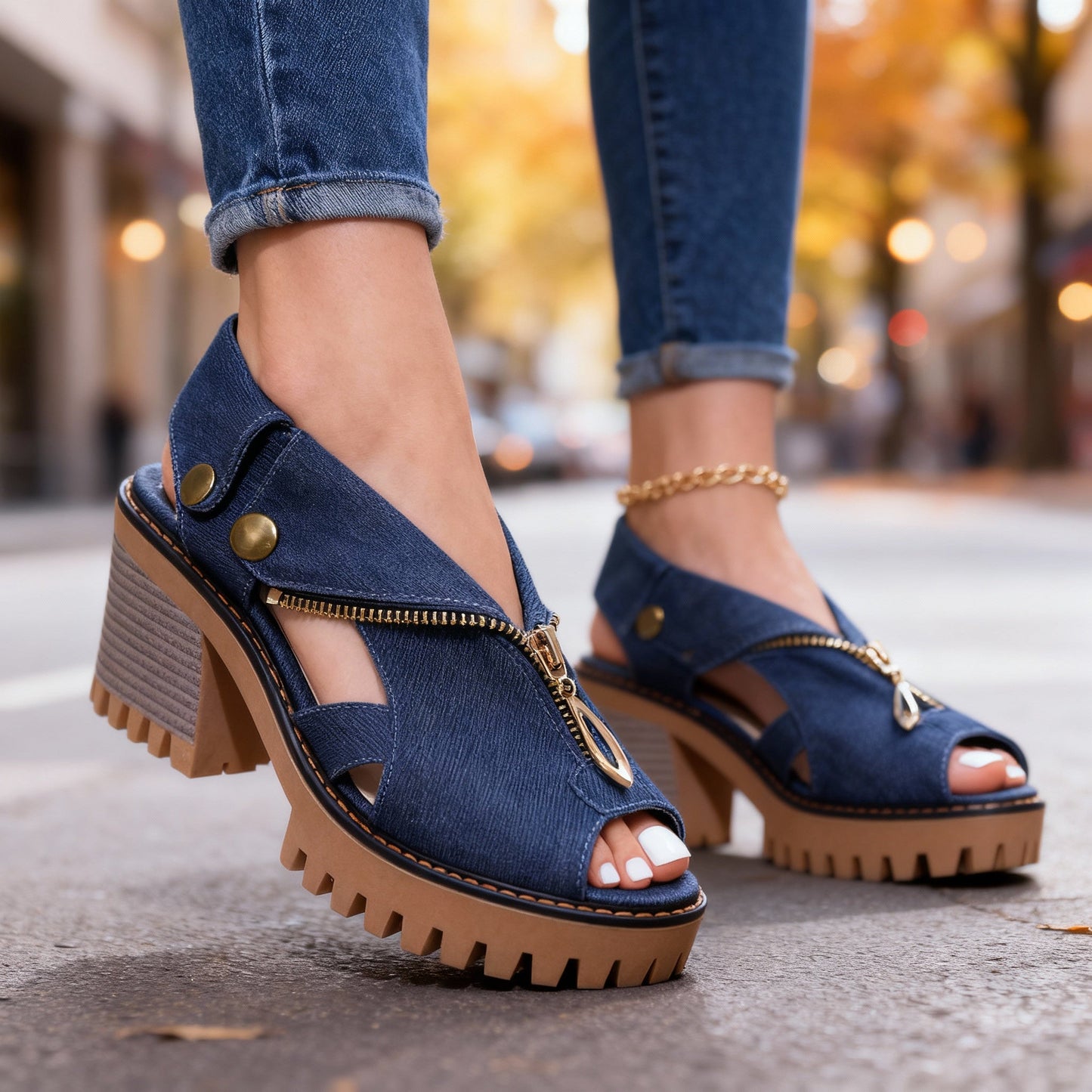 Women's Crossover Zip Front Denim Heels Corvine