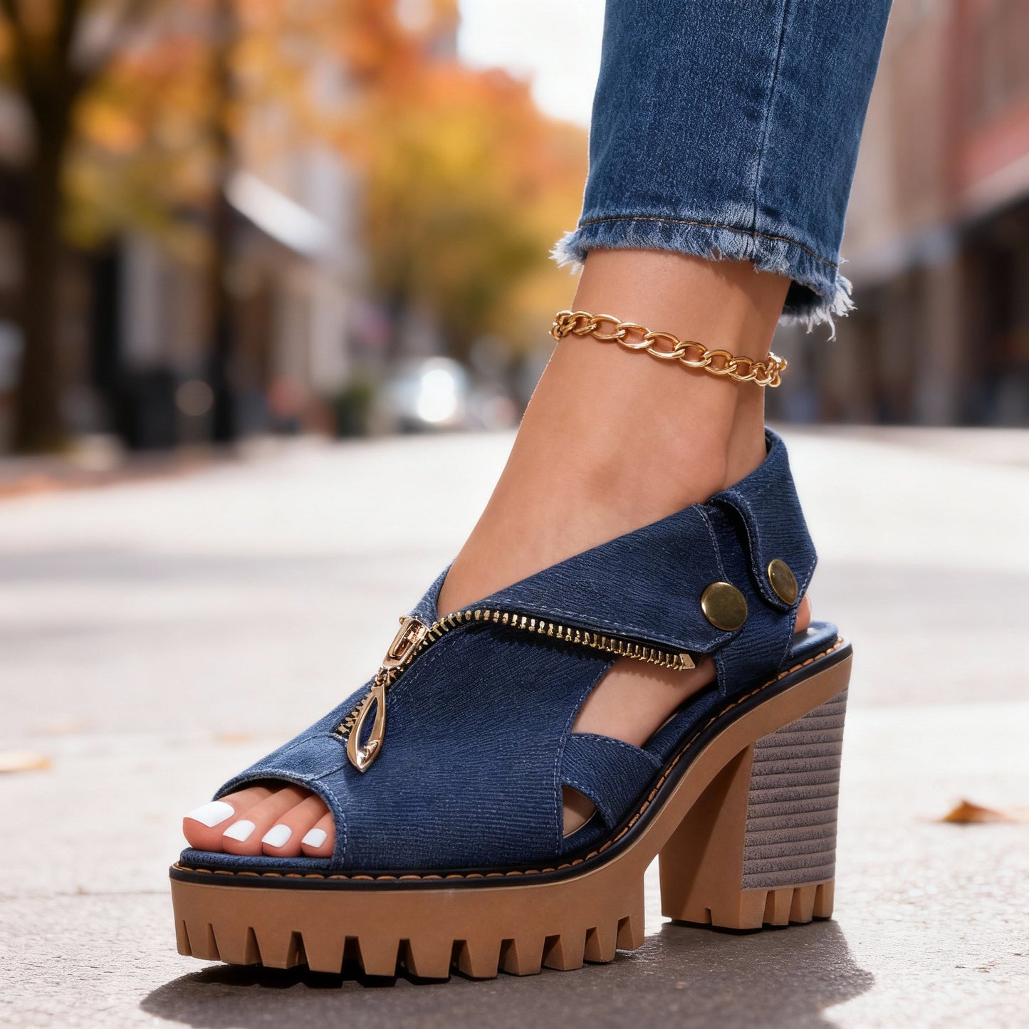 Women's Crossover Zip Front Denim Heels Corvine