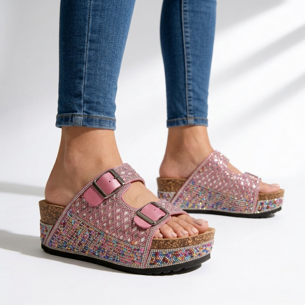 Women's Crystal Embellished Platform Slides Corvine