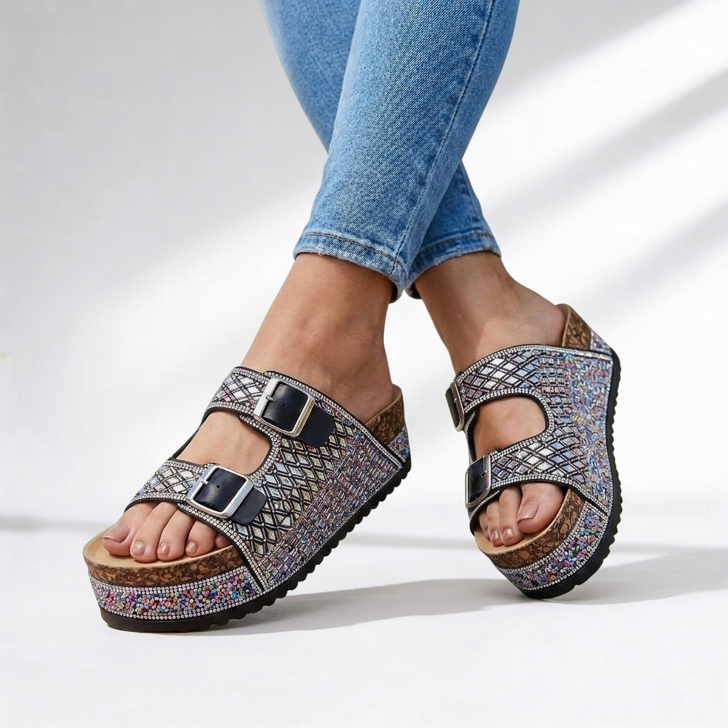 Women's Crystal Embellished Platform Slides Corvine