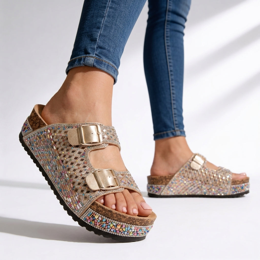 Women's Crystal Embellished Platform Slides Corvine