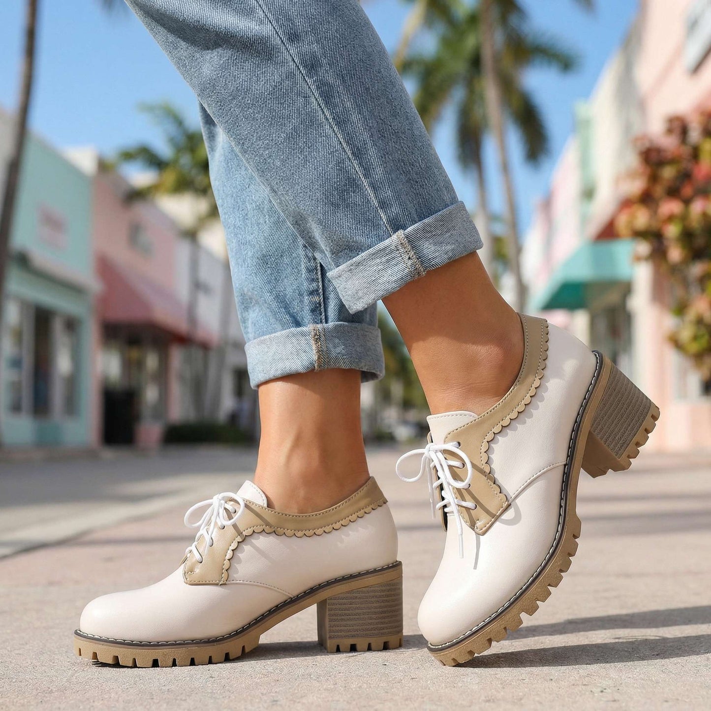 Women's Cushioned Lace-Up Block Heel Shoes Corvine