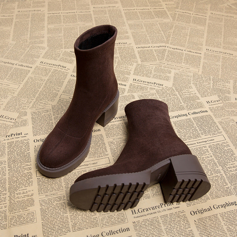 Women's Dark Suede Chunky Heeled Boots Corvine