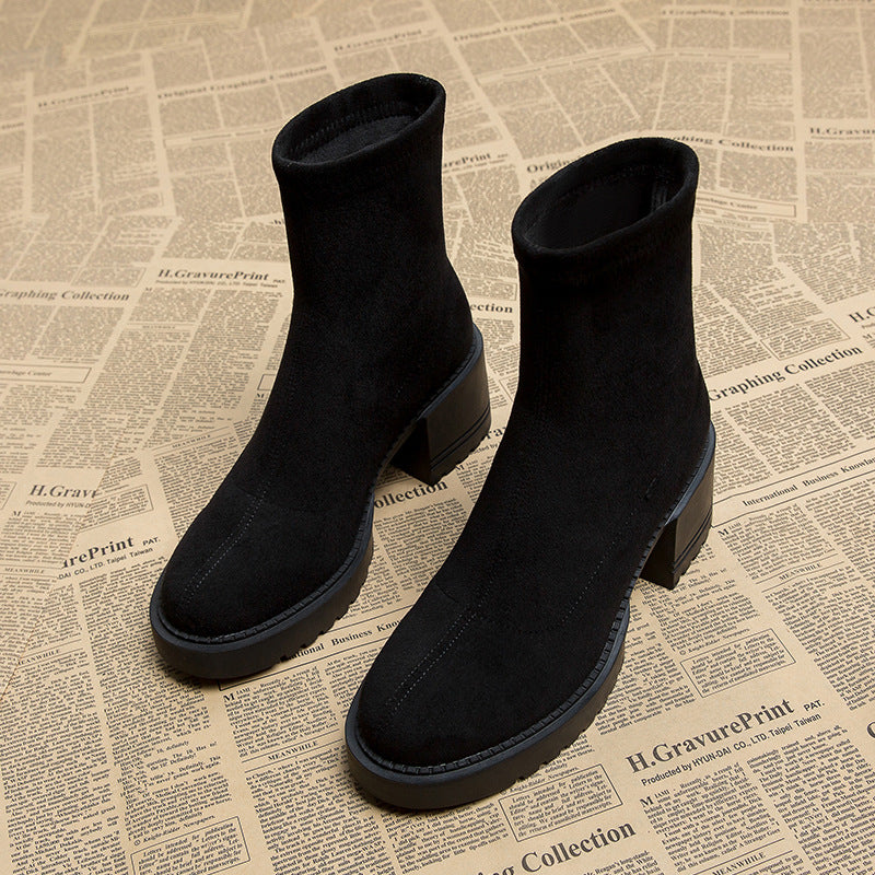 Women's Dark Suede Chunky Heeled Boots Corvine
