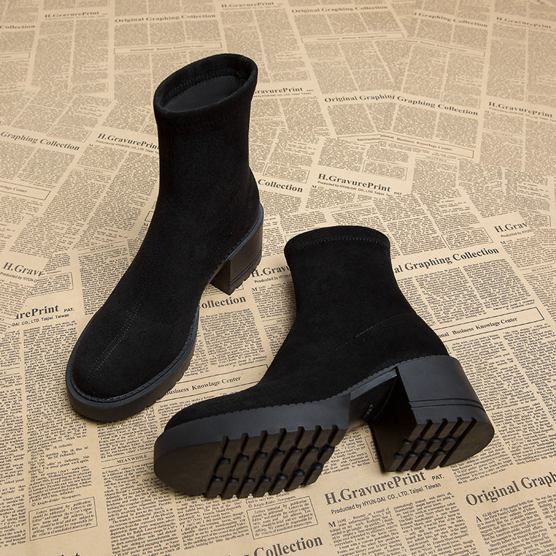 Women's Dark Suede Chunky Heeled Boots Corvine