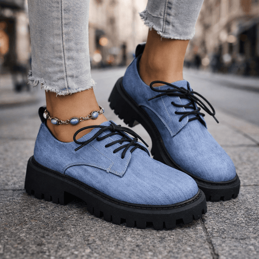 Women's Denim-Style Lace-Up Platforms | Comfortable Casual Chunky Sole Shoes