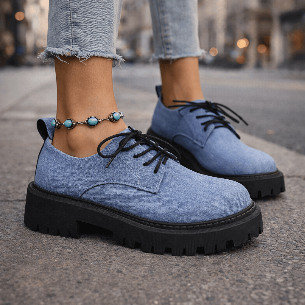 Women's Denim-Style Lace-Up Platforms | Comfortable Casual Chunky Sole Shoes