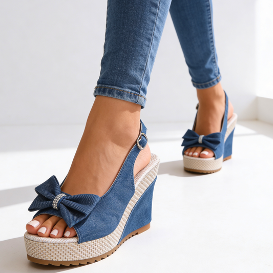 Women's Denim Wedge Heel Sandals With Crystal Bow Corvine