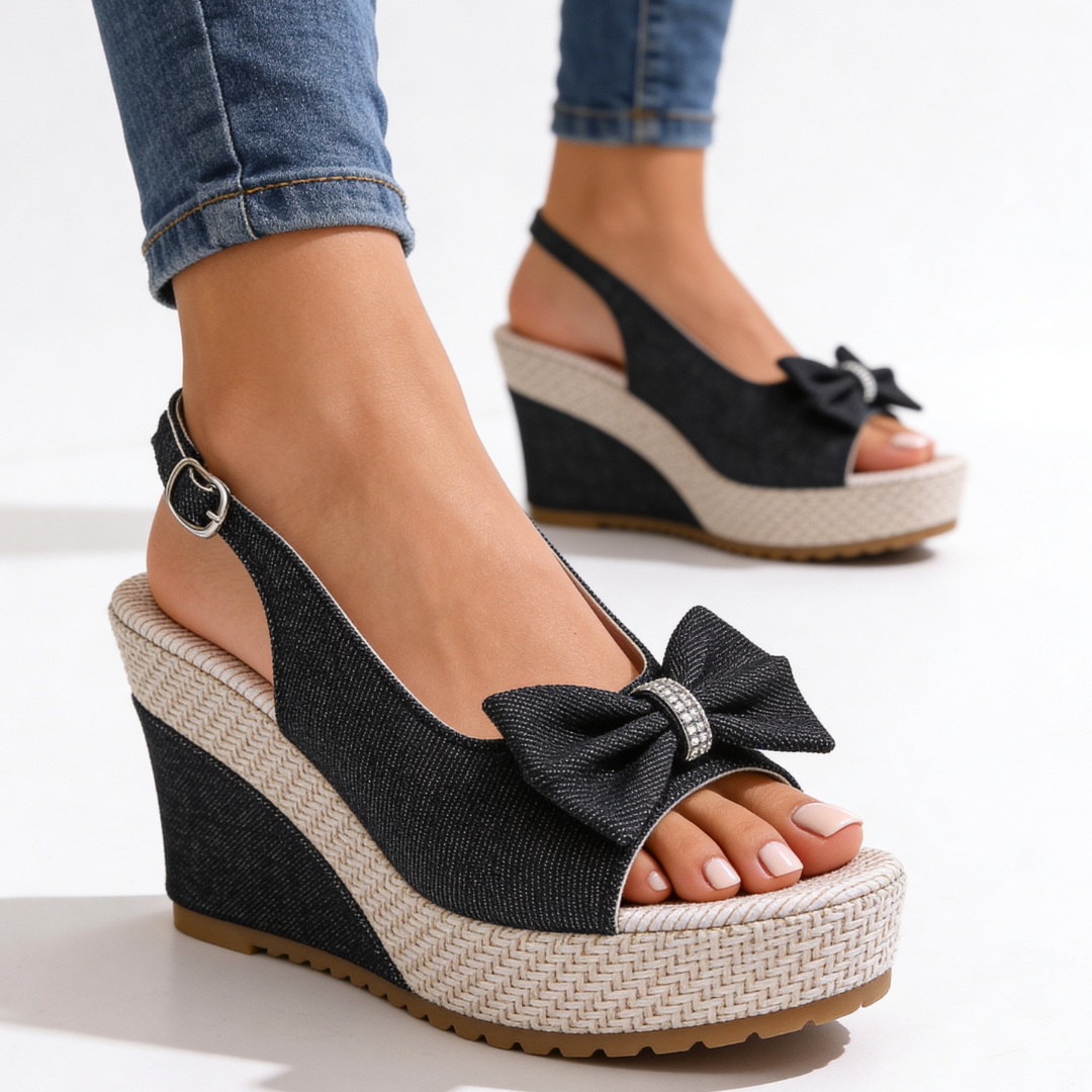 Women's Denim Wedge Heel Sandals With Crystal Bow Corvine