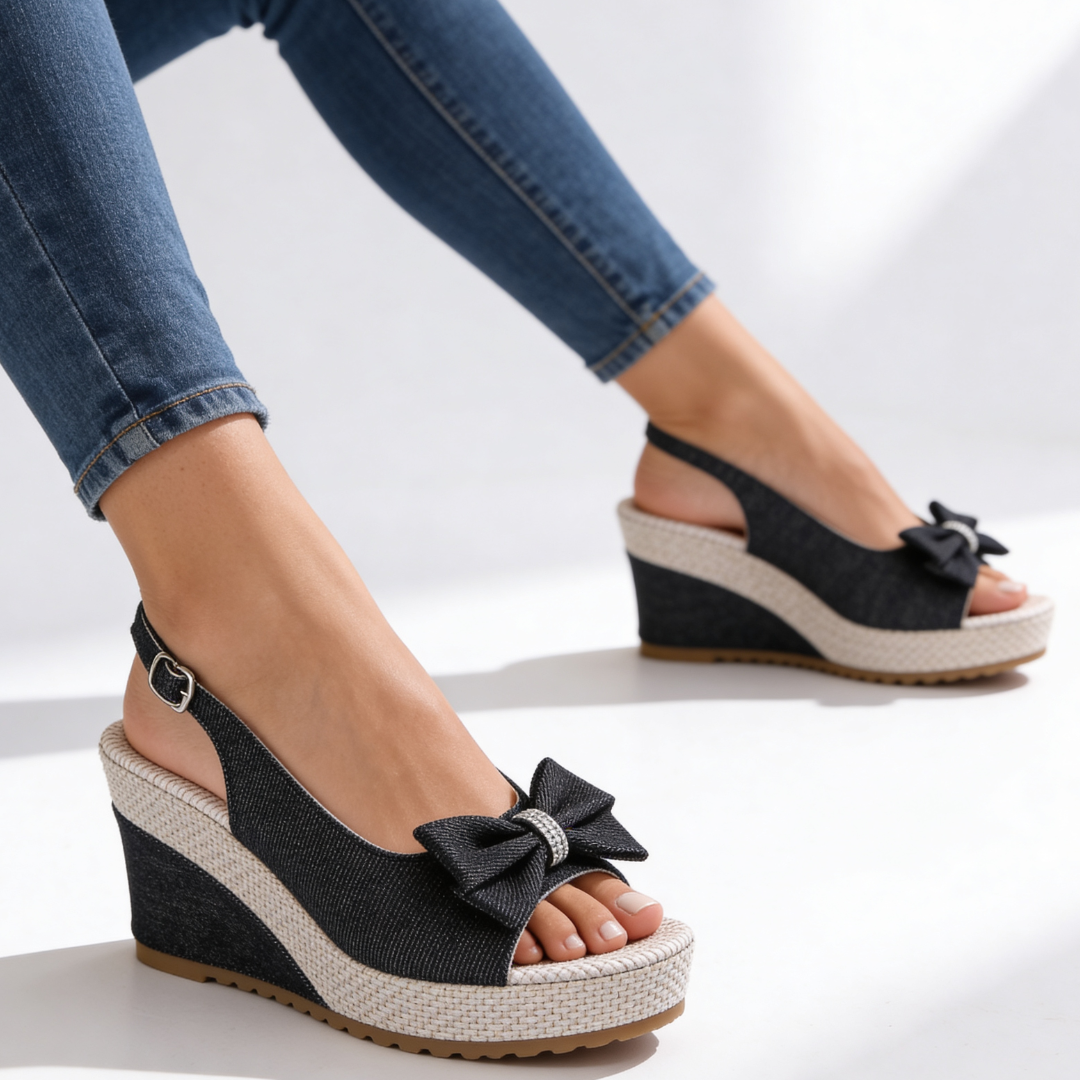 Women's Denim Wedge Heel Sandals With Crystal Bow Corvine