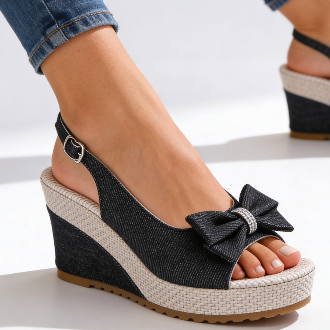 Women's Denim Wedge Heel Sandals With Crystal Bow Corvine