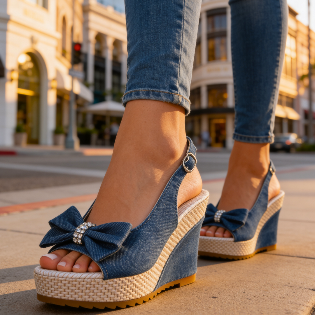Women's Denim Wedge Heel Sandals With Crystal Bow Corvine
