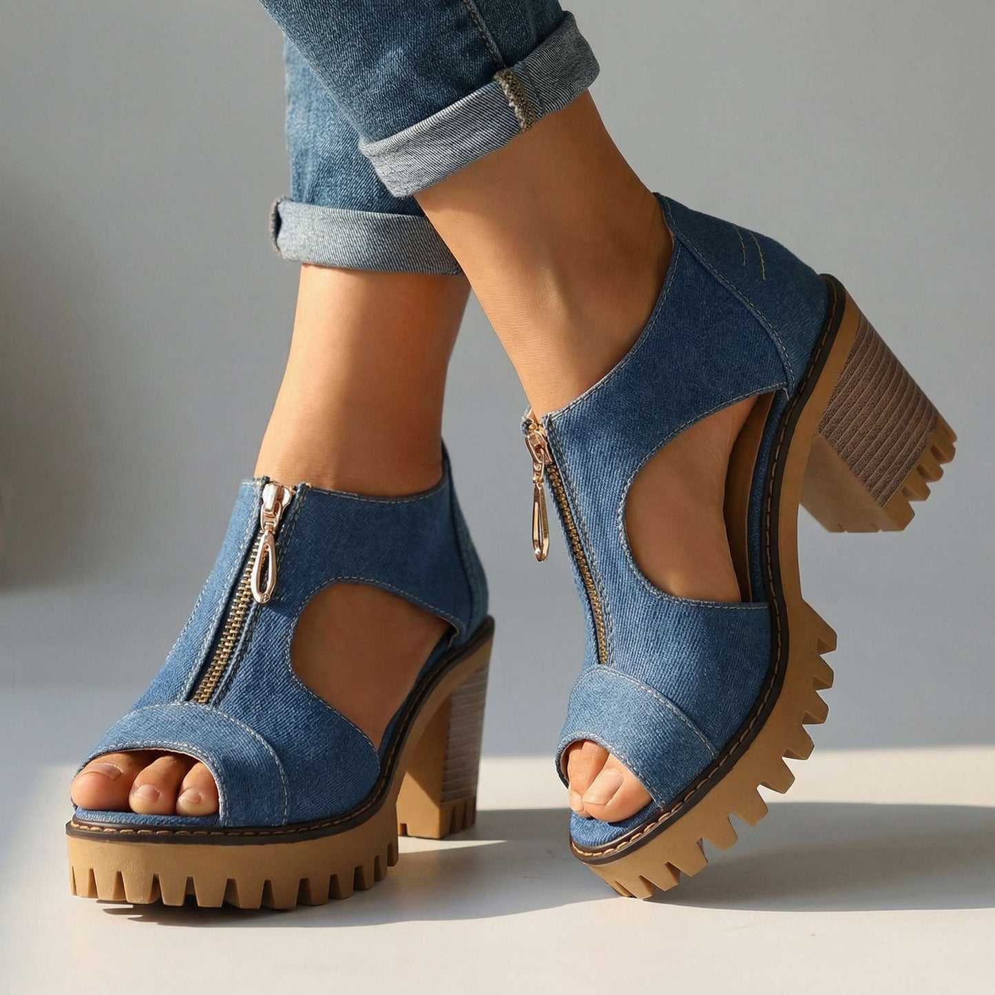 Women's Denim Zipper Block Heel Heels Corvine