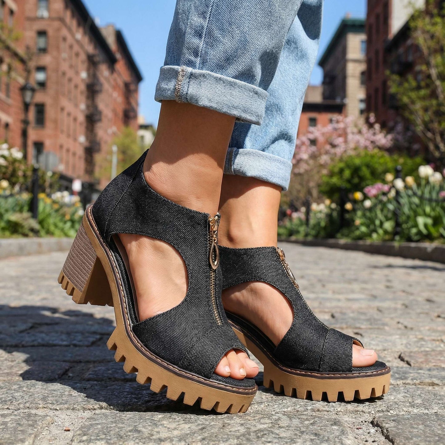 Women's Denim Zipper Block Heel Heels Corvine