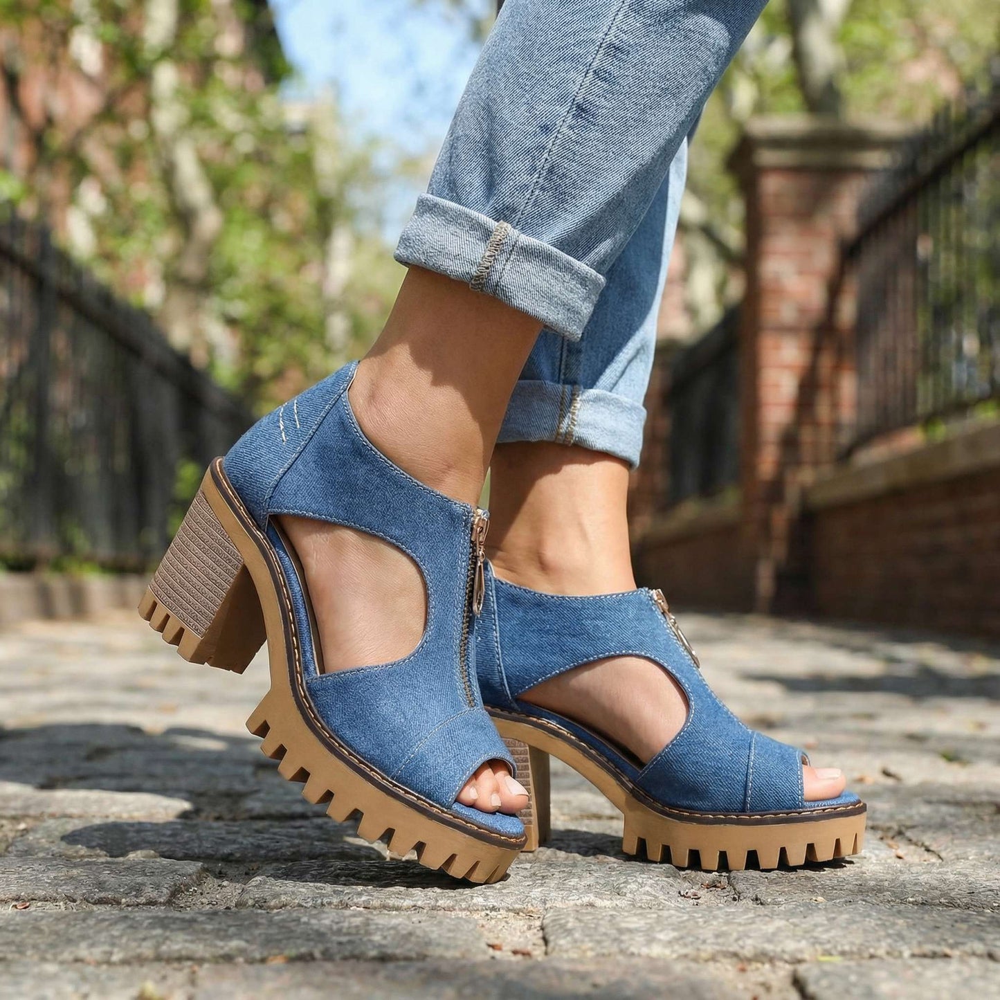 Women's Denim Zipper Block Heel Heels Corvine