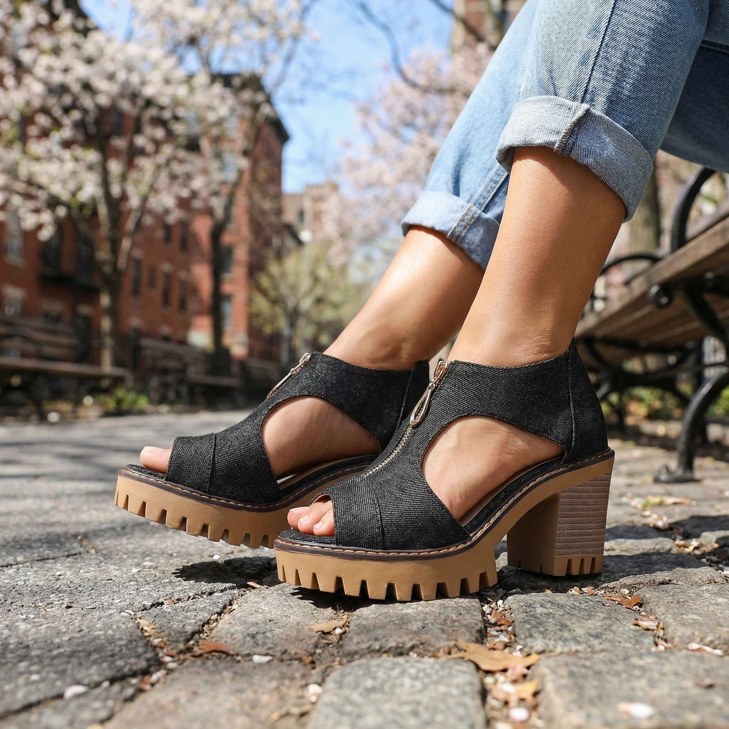 Women's Denim Zipper Block Heel Heels Corvine