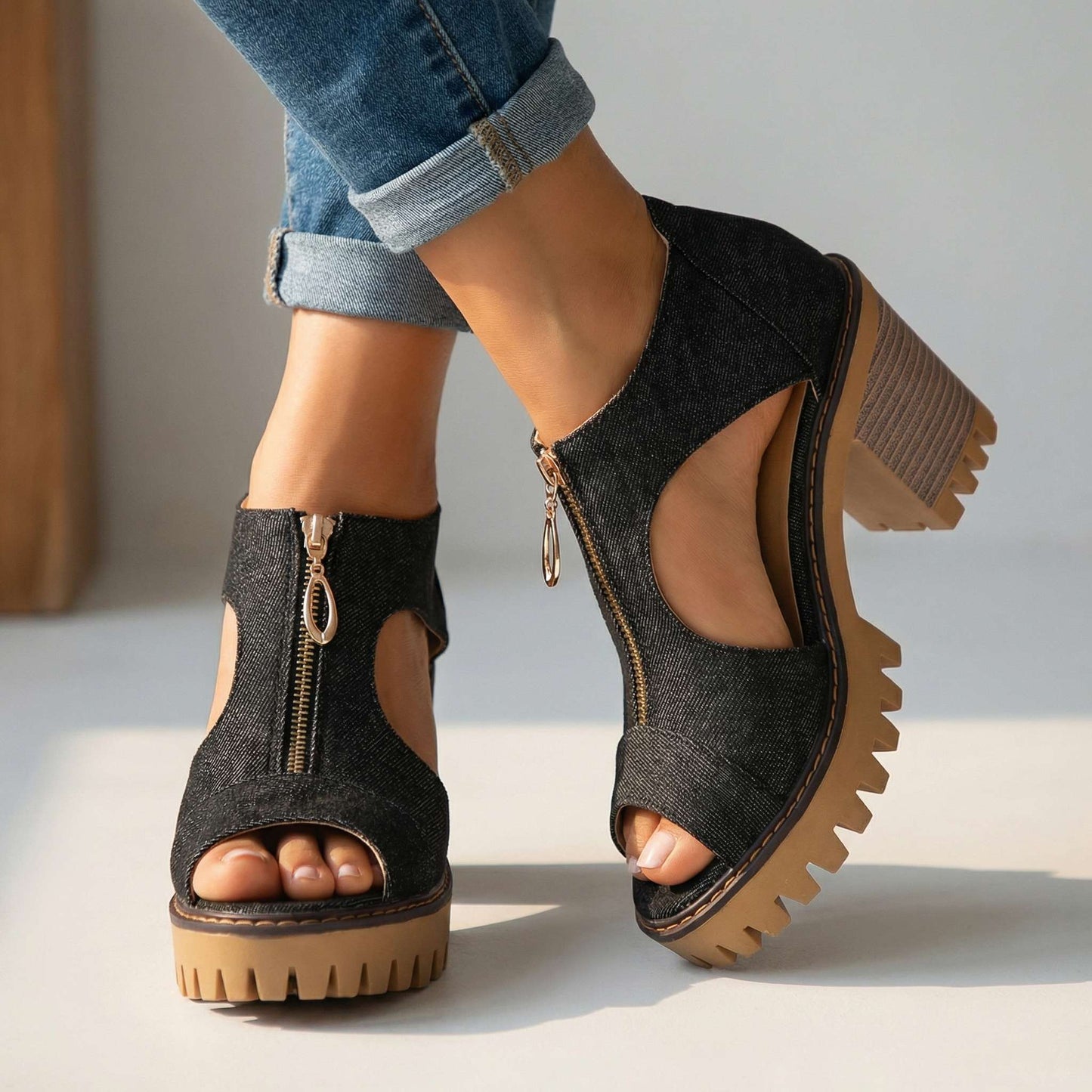 Women's Denim Zipper Heels Corvine