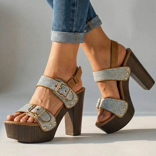 Women's Double Buckle Strap Block Heel Sandals Corvine