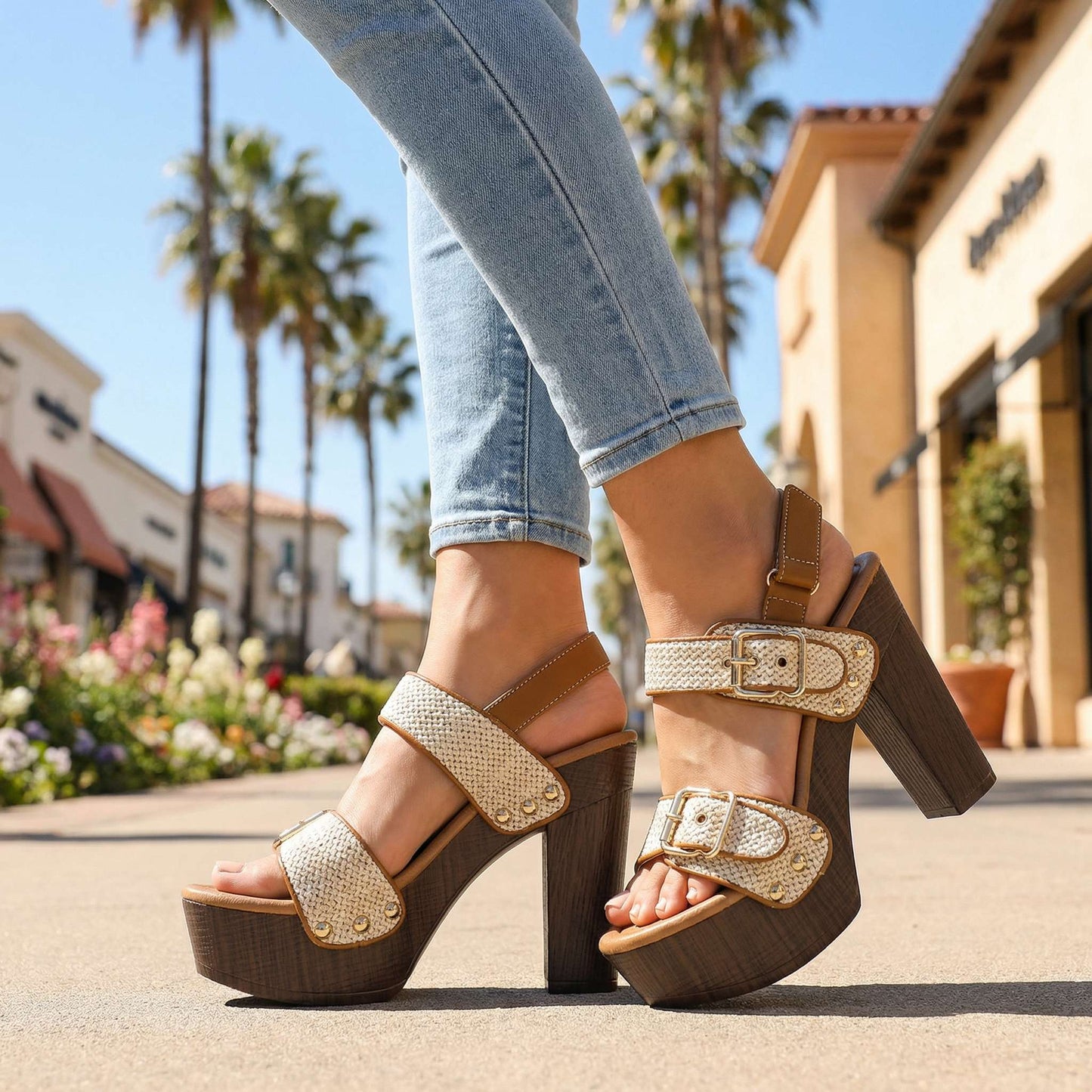 Women's Double Buckle Strap Block Heel Sandals Corvine
