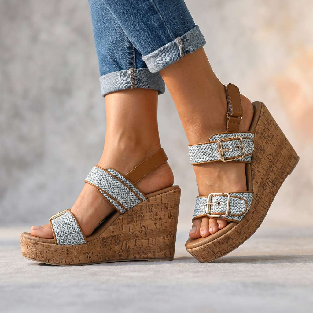 Women's Double Buckle Strap Wedge Heels Corvine