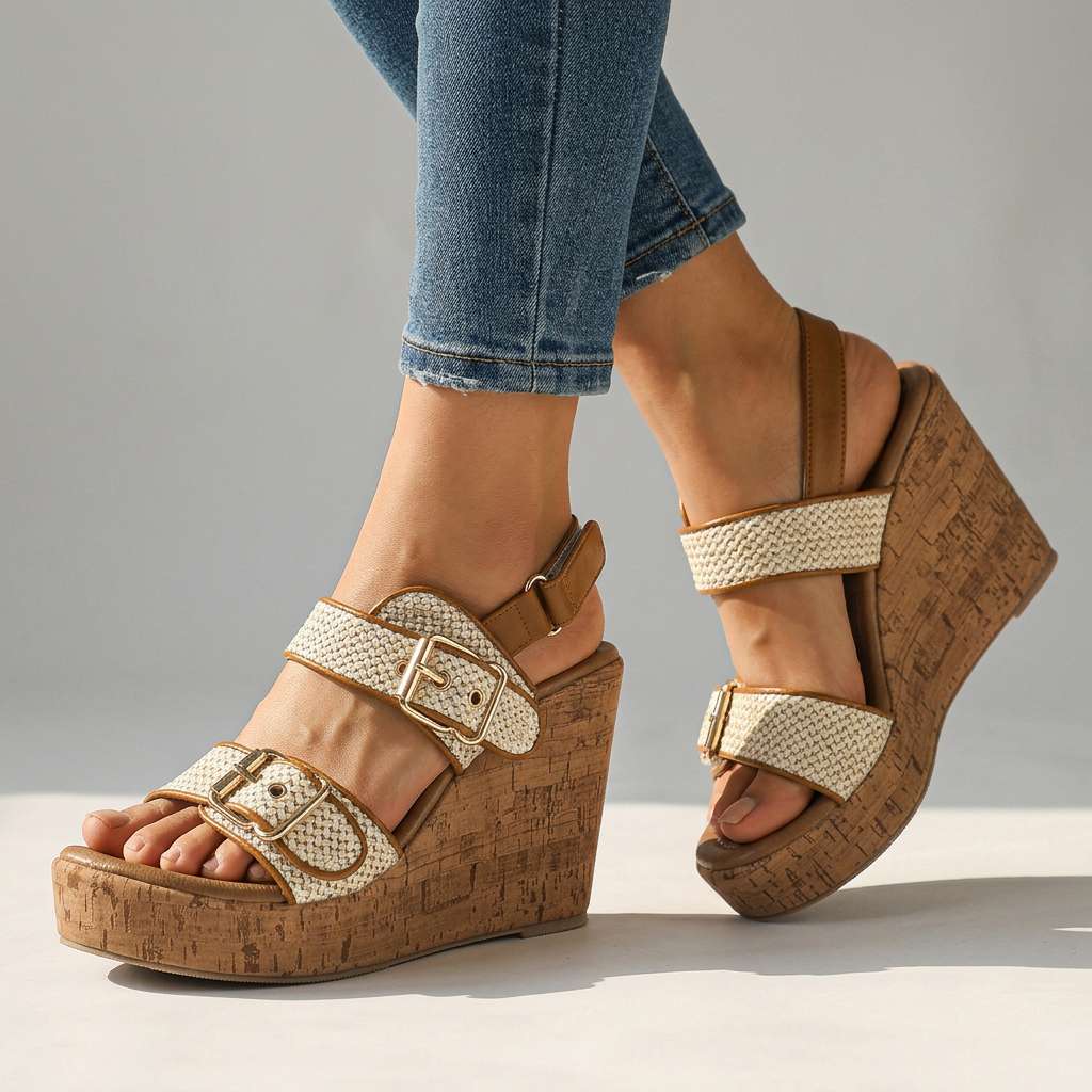 Women's Double Buckle Strap Wedge Heels Corvine