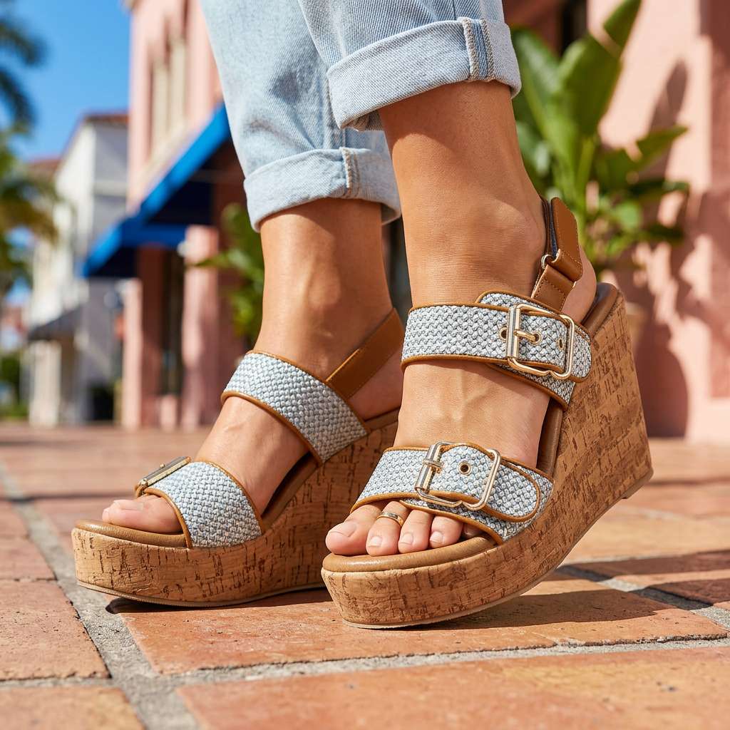 Women's Double Buckle Strap Wedge Heels Corvine