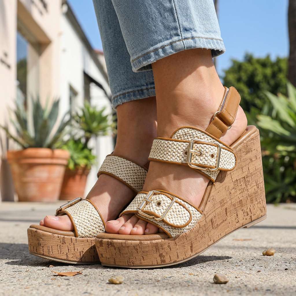 Women's Double Buckle Strap Wedge Heels Corvine