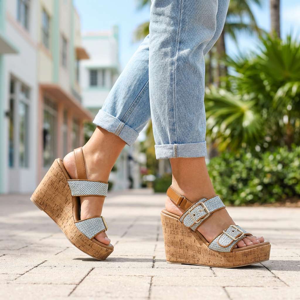 Women's Double Buckle Strap Wedge Heels Corvine
