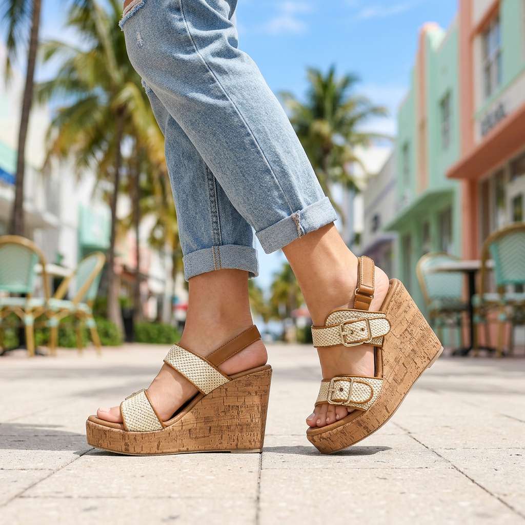 Women's Double Buckle Strap Wedge Heels Corvine