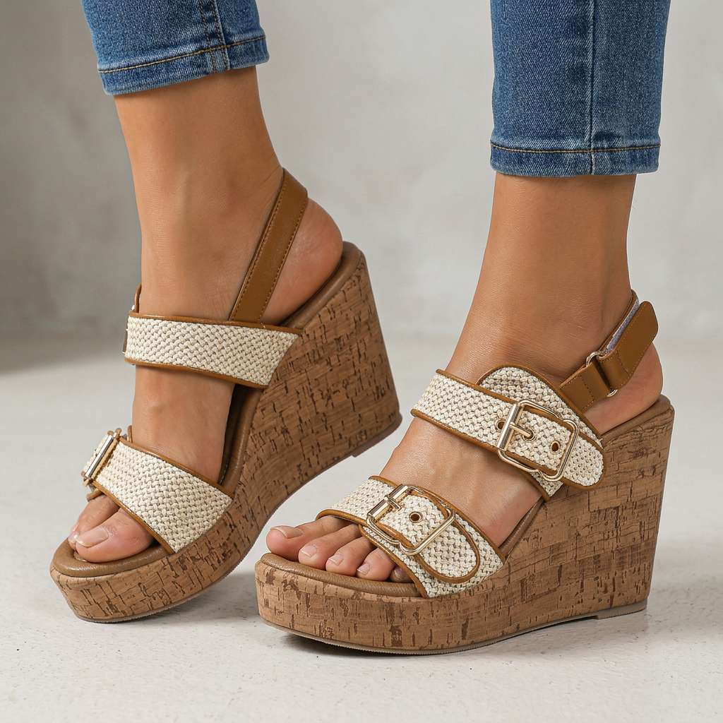 Women's Double Buckle Strap Wedge Heels Corvine