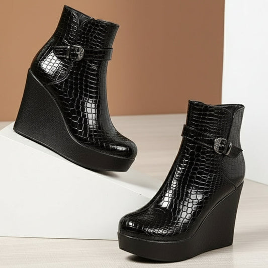 Women's Embossed Leather Wedge Ankle Boots Corvine