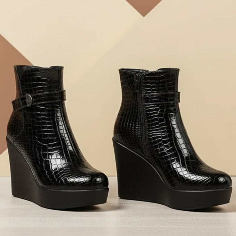 Women's Embossed Leather Wedge Ankle Boots Corvine