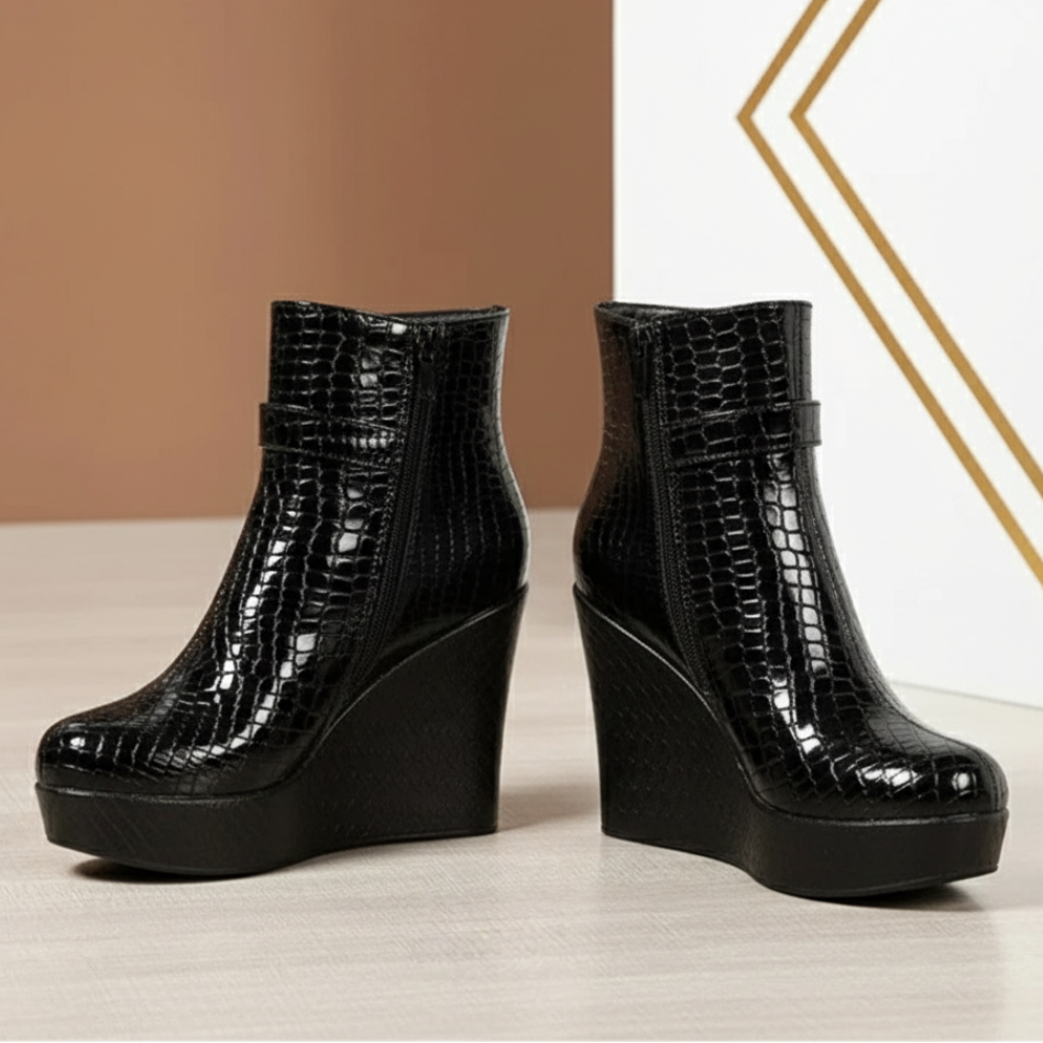 Women's Embossed Leather Wedge Ankle Boots Corvine