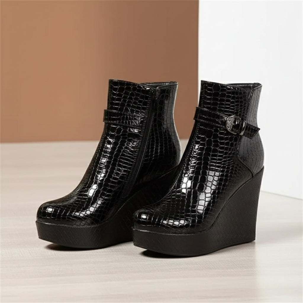 Women's Embossed Leather Wedge Ankle Boots Corvine