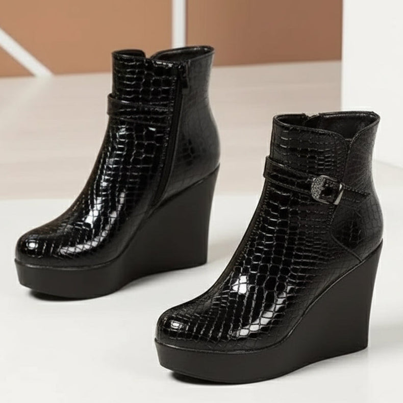 Women's Embossed Leather Wedge Ankle Boots Corvine