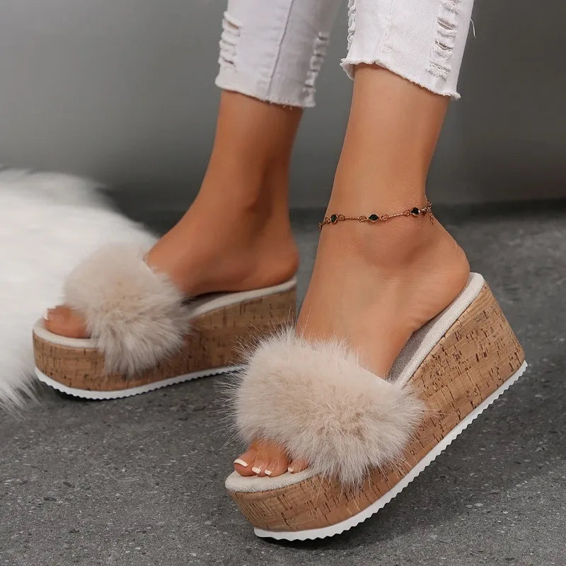 Women's Faux Fur Wedge Platform Sandals Corvine