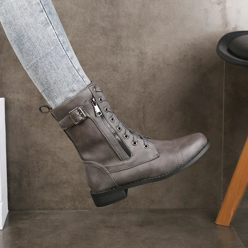 Women's Faux Leather Mid-Calf Black Boots With Buckle Detail Corvine