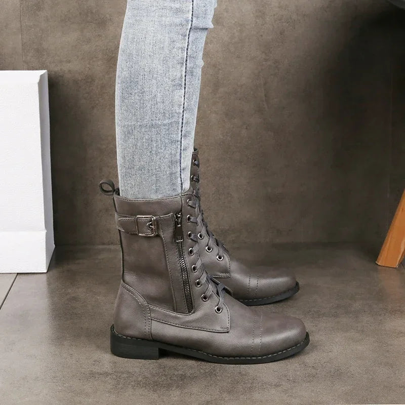 Women's Faux Leather Mid-Calf Black Boots With Buckle Detail Corvine