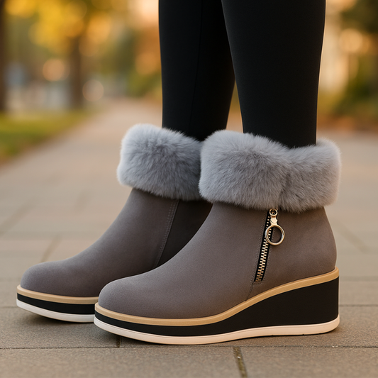 Women's Faux Suede Fur Cuff Wedge Ankle Boots Corvine