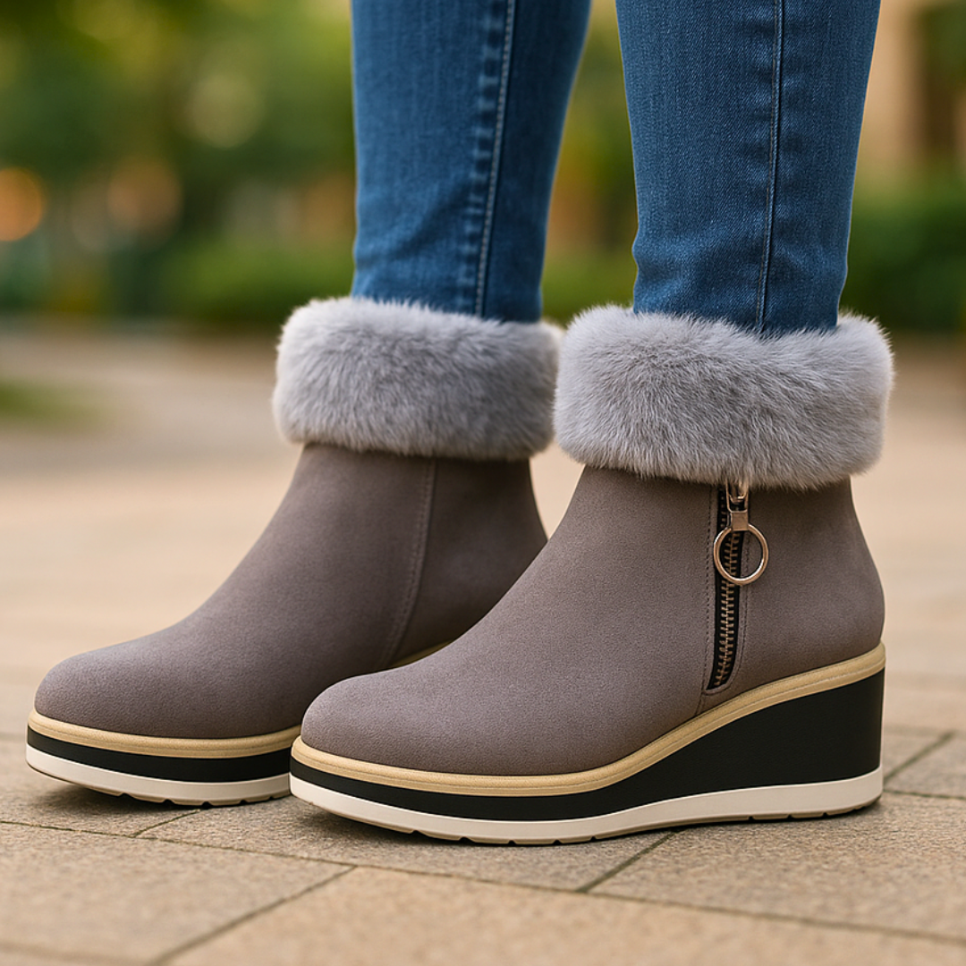 Women's Faux Suede Fur Cuff Wedge Ankle Boots Corvine
