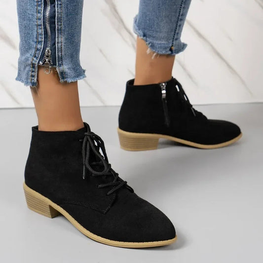 Women's Faux Suede Lace-Up Black Ankle Boots Corvine