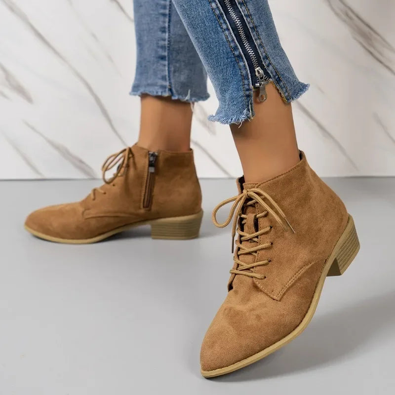 Women's Faux Suede Lace-Up Black Ankle Boots Corvine