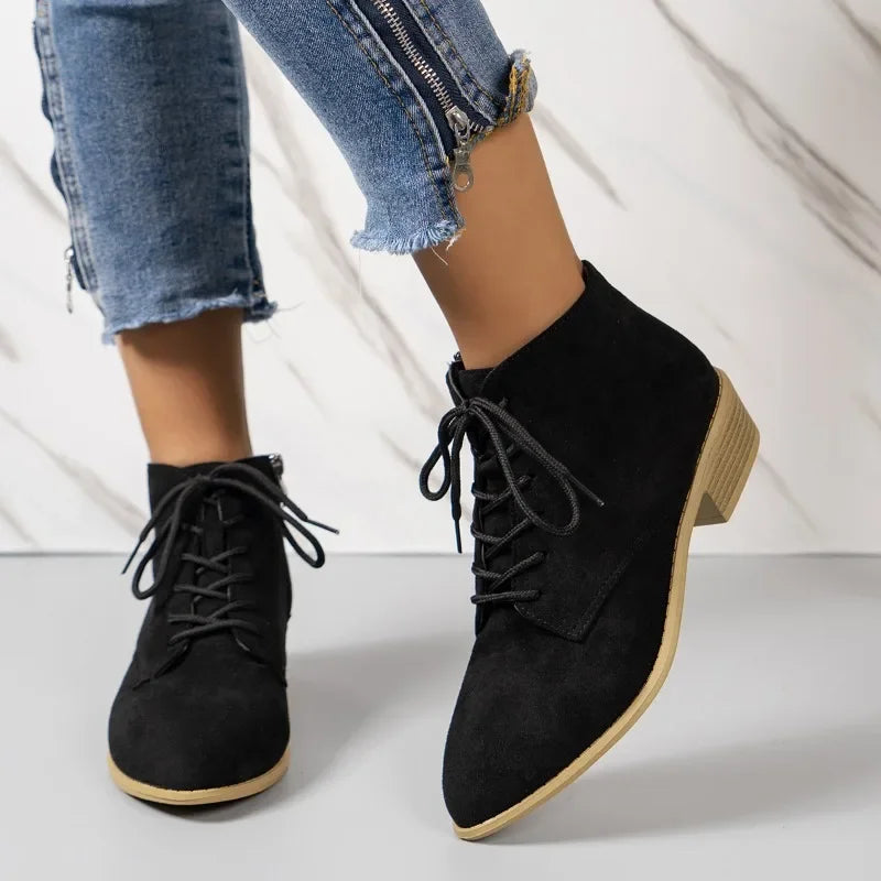 Women's Faux Suede Lace-Up Black Ankle Boots Corvine