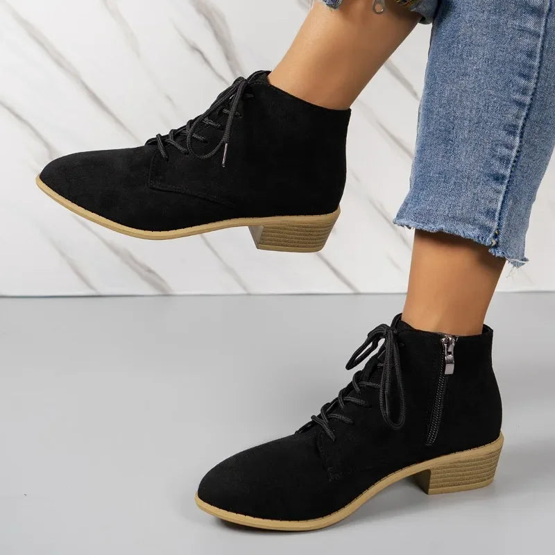 Women's Faux Suede Lace-Up Black Ankle Boots Corvine