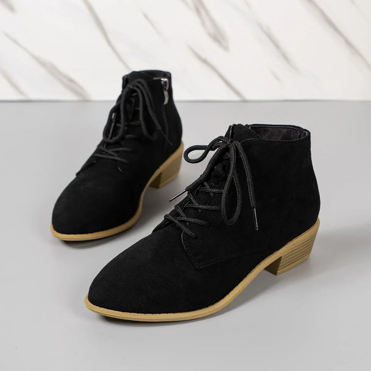 Women's Faux Suede Lace-Up Black Ankle Boots Corvine