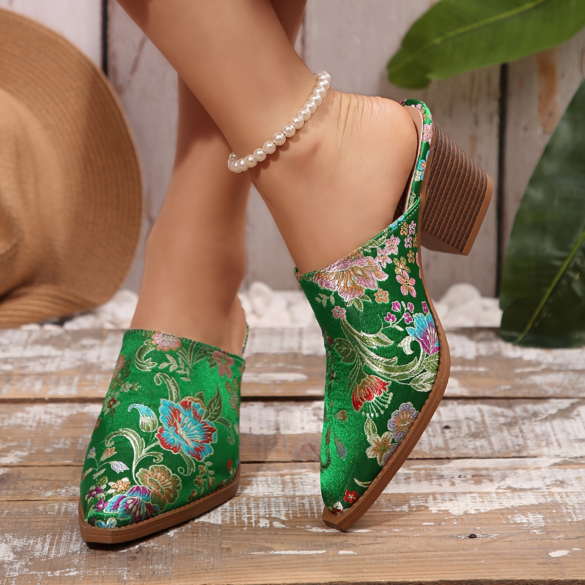 Women's Floral Brocade Satin Mules Shoes Corvine