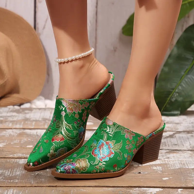 Women's Floral Brocade Satin Mules Shoes Corvine
