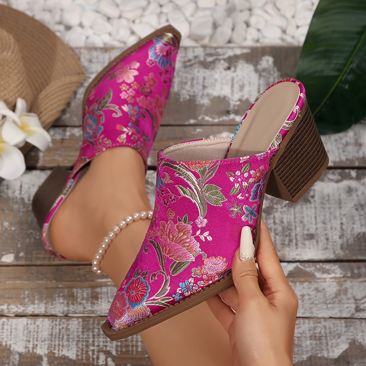 Women's Floral Brocade Satin Mules Shoes Corvine