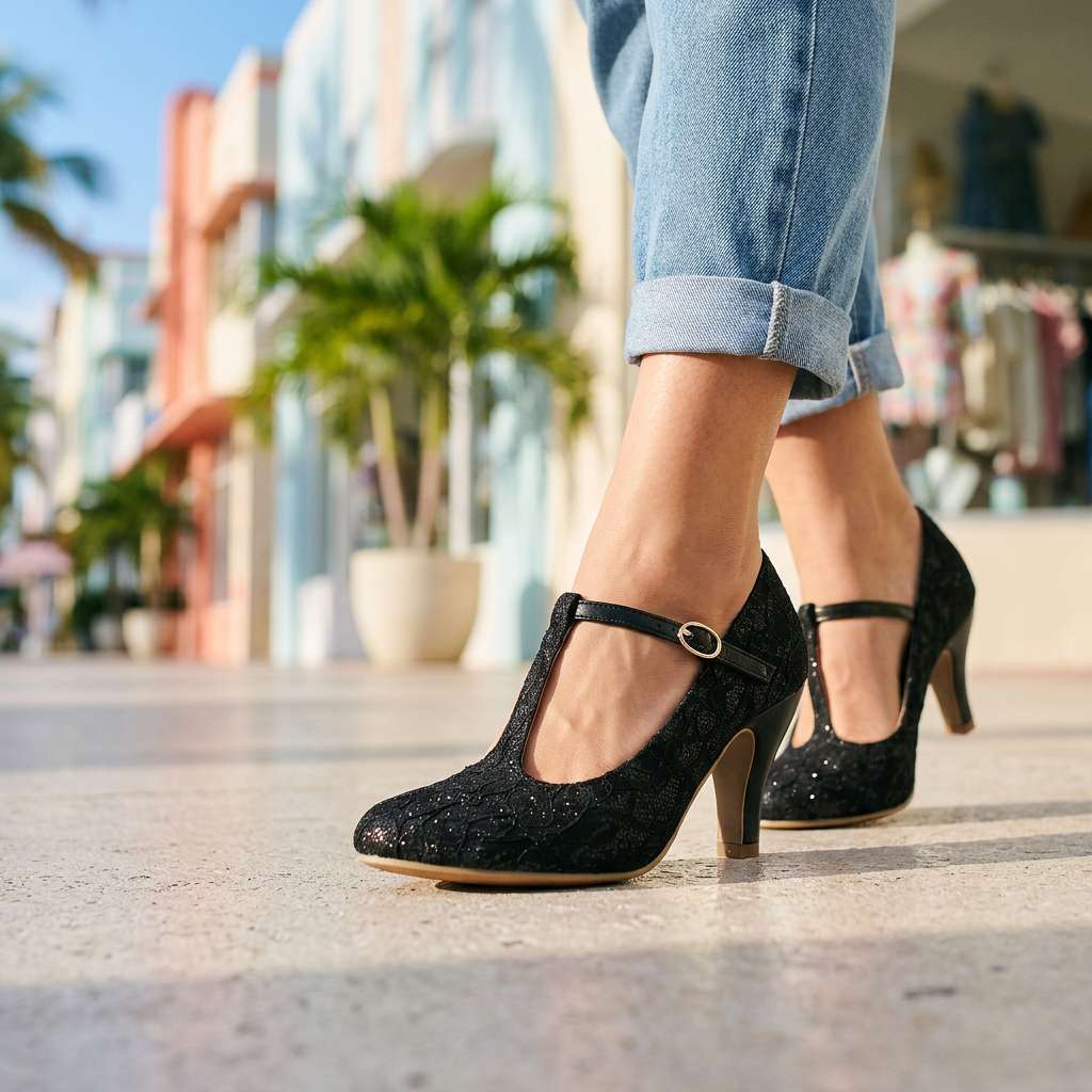 Women's Flower Textured Mary Jane Heels Corvine