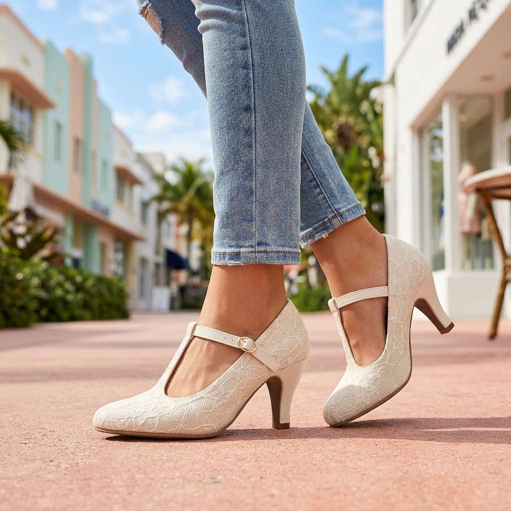 Women's Flower Textured Mary Jane Heels Corvine